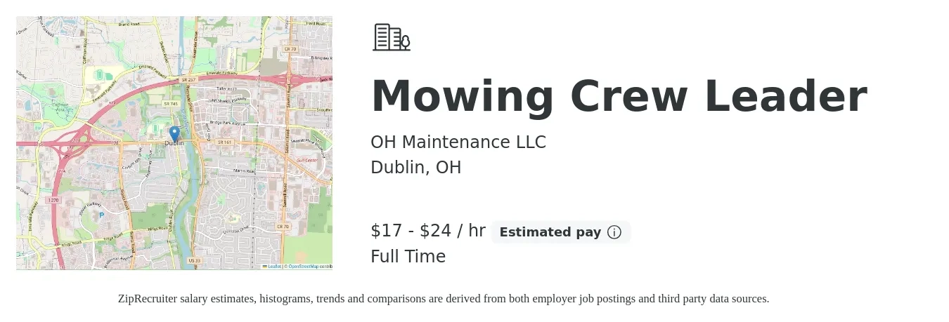 OH Maintenance LLC job posting for a Mowing Crew Leader in Dublin, OH with a salary of $18 to $25 Hourly with a map of Dublin location.