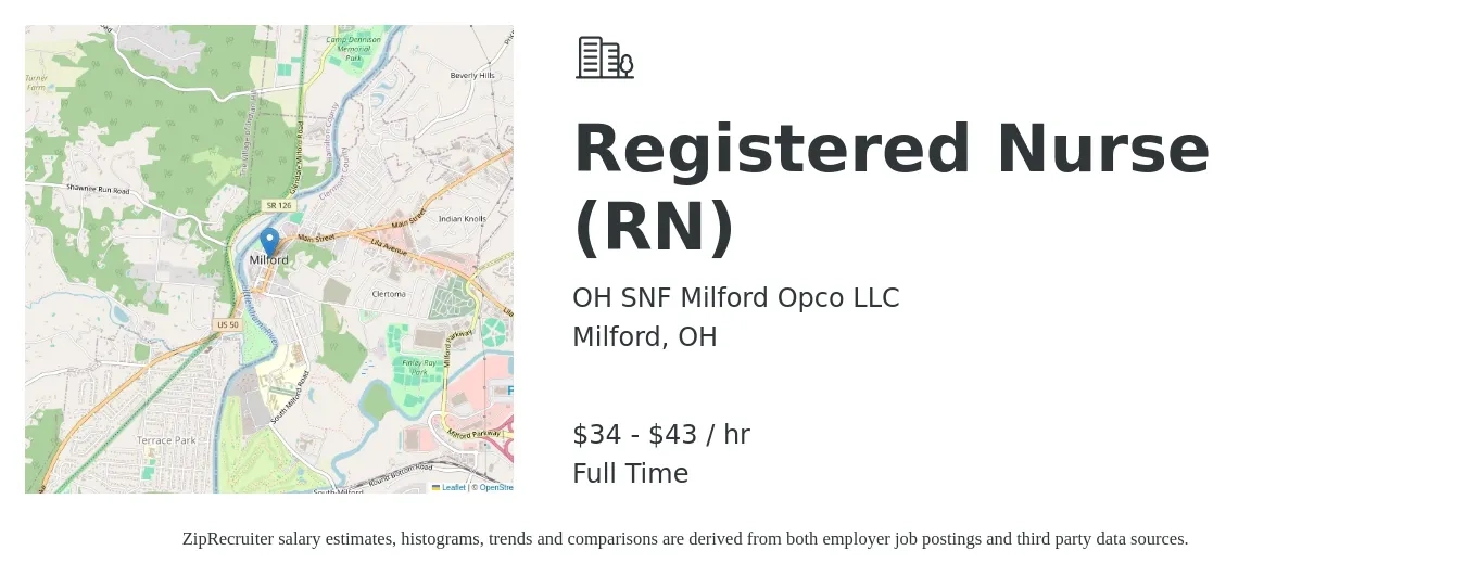OH SNF Milford Opco LLC job posting for a Registered Nurse (RN) in Milford, OH with a salary of $36 to $45 Hourly with a map of Milford location.