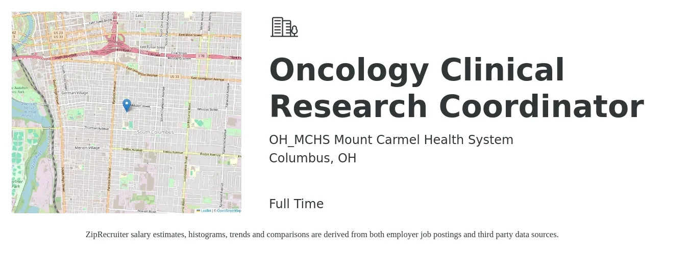 OH_MCHS Mount Carmel Health System job posting for a Oncology Clinical Research Coordinator in Columbus, OH with a salary of $24 to $31 Hourly with a map of Columbus location.