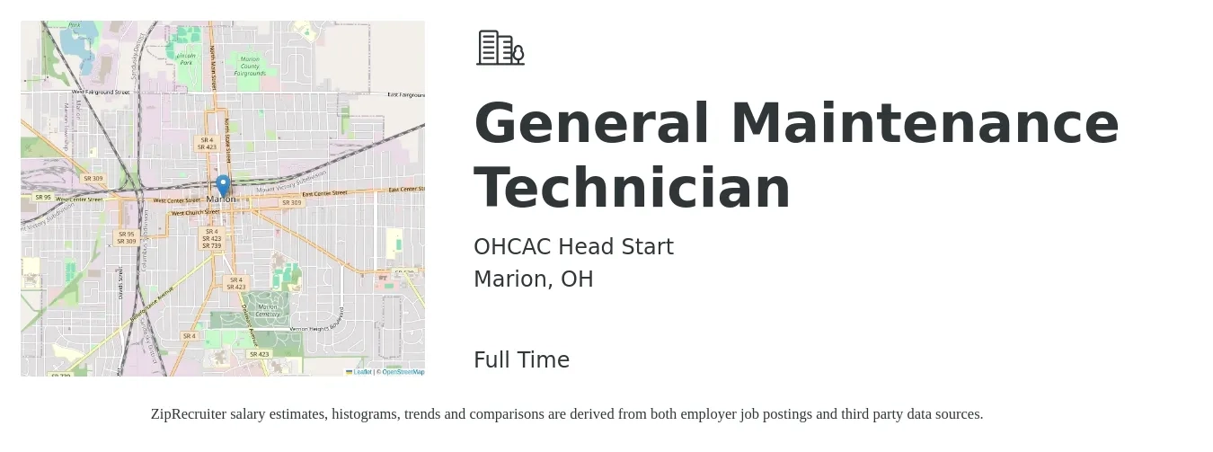OHCAC Head Start job posting for a General Maintenance Technician in Marion, OH with a salary of $16 to $19 Hourly with a map of Marion location.