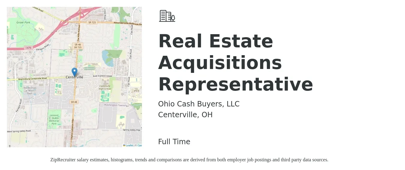 Ohio Cash Buyers, LLC job posting for a Real Estate Acquisitions Representative in Centerville, OH with a salary of $61,000 to $93,800 Yearly with a map of Centerville location.