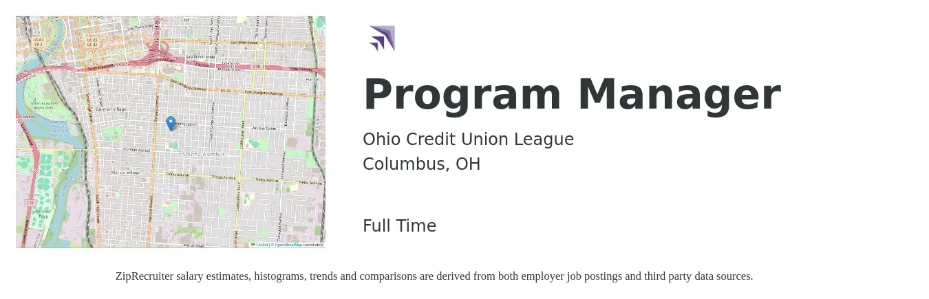 Ohio Credit Union League job posting for a Program Manager in Columbus, OH with a salary of $76,800 to $128,000 Yearly with a map of Columbus location.