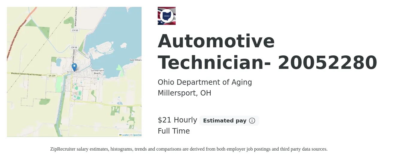 Ohio Department of Aging job posting for a Automotive Technician- 20052280 in Millersport, OH with a salary of $23 Hourly with a map of Millersport location.