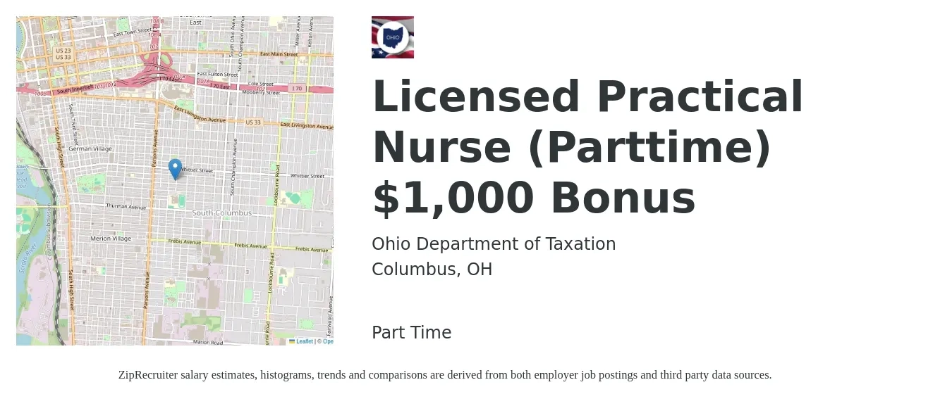 Ohio Department of Taxation job posting for a Licensed Practical Nurse (Parttime) $1,000 Bonus in Columbus, OH with a salary of $25 to $34 Hourly with a map of Columbus location.