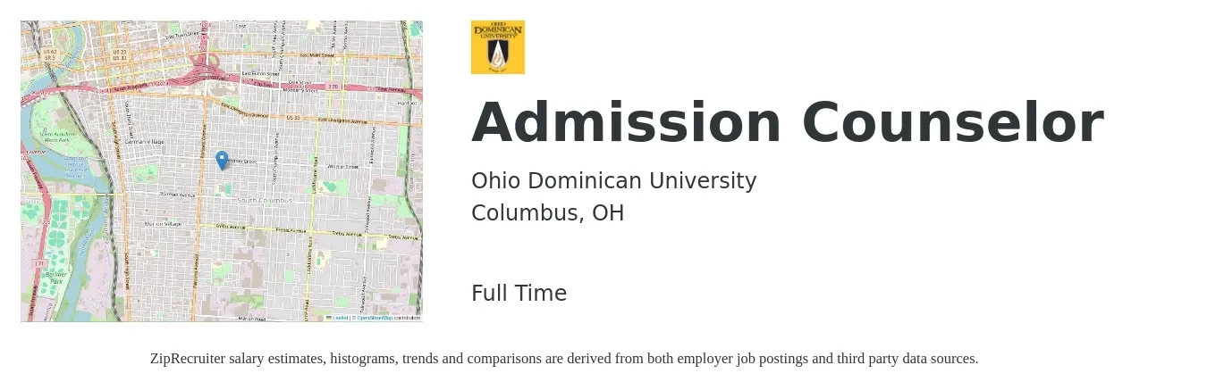 Ohio Dominican University job posting for a Admission Counselor in Columbus, OH with a salary of $36,200 to $48,800 Yearly with a map of Columbus location.