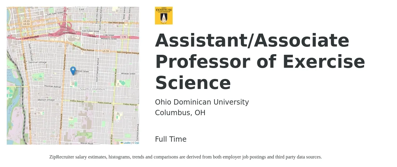 Ohio Dominican University job posting for a Assistant/Associate Professor of Exercise Science in Columbus, OH with a salary of $55,400 to $105,700 Yearly with a map of Columbus location.