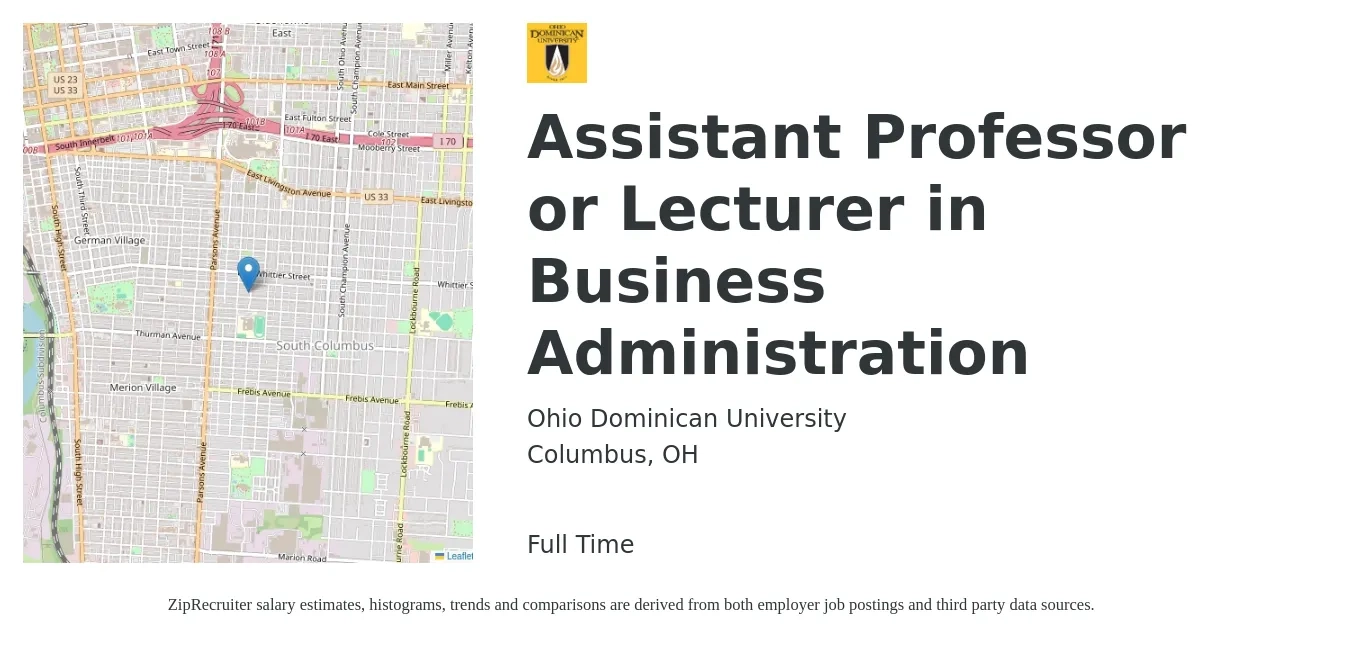 Ohio Dominican University job posting for a Assistant Professor or Lecturer in Business Administration in Columbus, OH with a salary of $48,800 to $69,000 Yearly with a map of Columbus location.