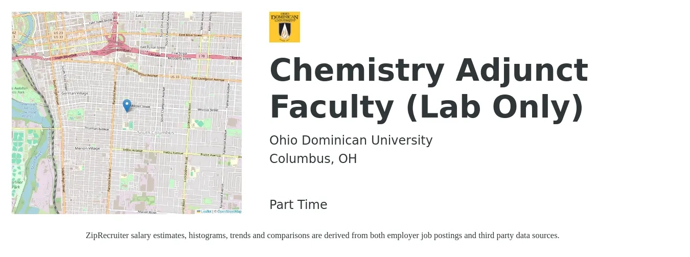 Ohio Dominican University job posting for a Chemistry Adjunct Faculty (Lab Only) in Columbus, OH with a salary of $36 to $68 Hourly with a map of Columbus location.