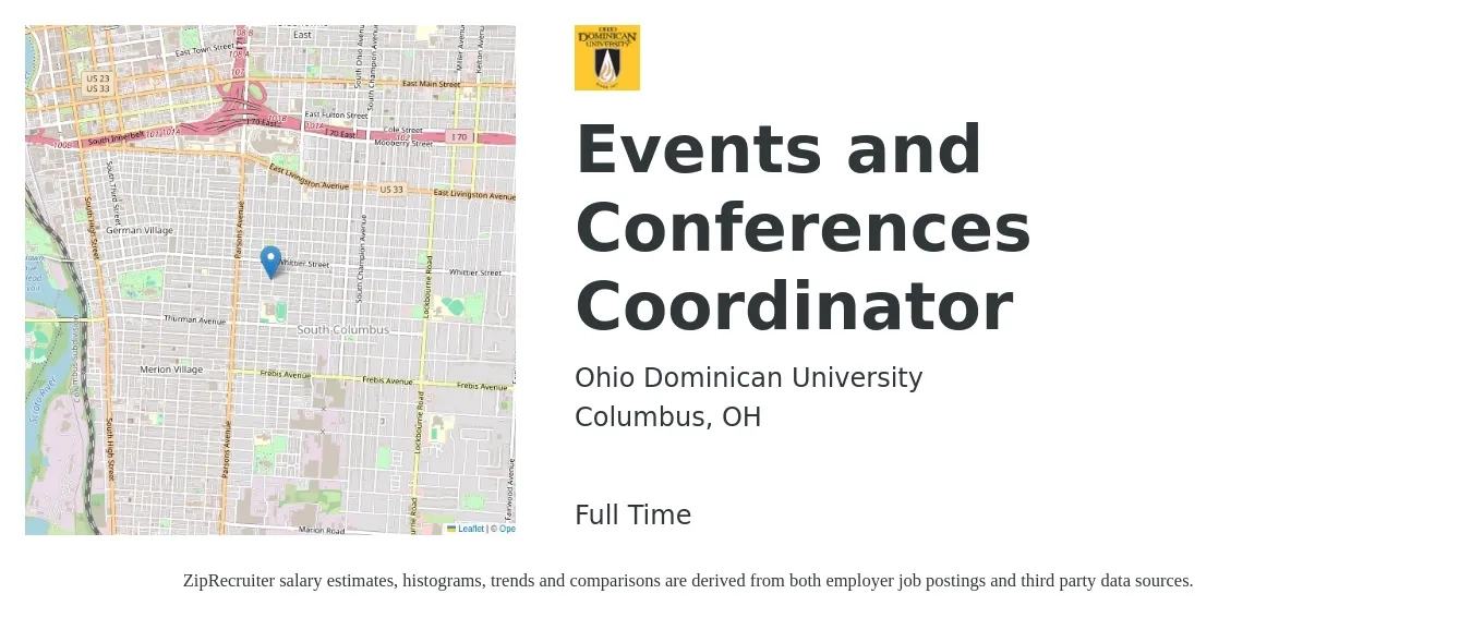 Ohio Dominican University job posting for a Events and Conferences Coordinator in Columbus, OH with a salary of $19 to $28 Hourly with a map of Columbus location.