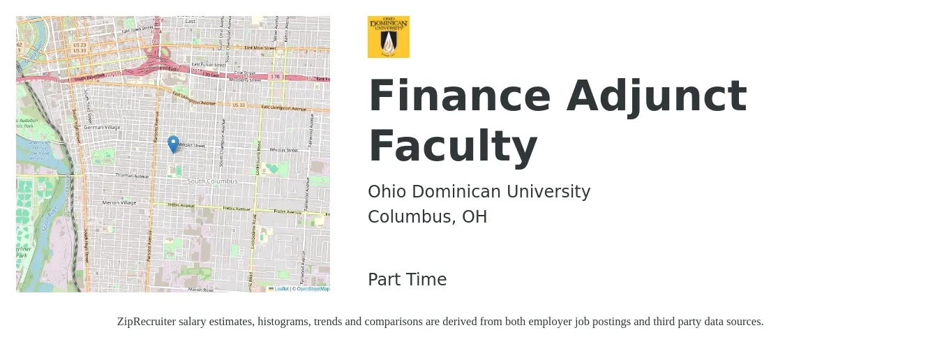 Ohio Dominican University job posting for a Finance Adjunct Faculty in Columbus, OH with a salary of $36 to $68 Hourly with a map of Columbus location.