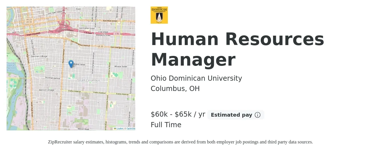 Ohio Dominican University job posting for a Human Resources Manager in Columbus, OH with a salary of $60,000 to $65,000 Yearly with a map of Columbus location.