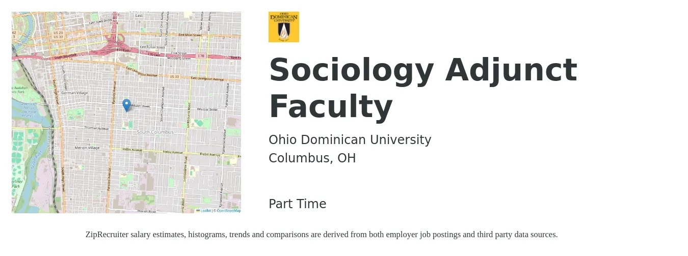 Ohio Dominican University job posting for a Sociology Adjunct Faculty in Columbus, OH with a salary of $36 to $68 Hourly with a map of Columbus location.