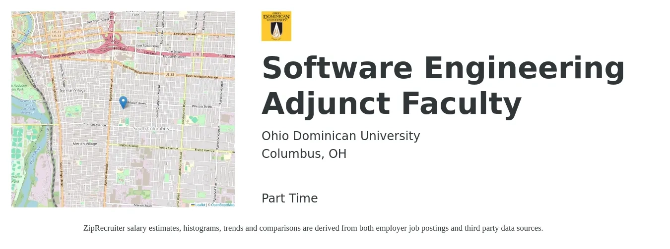 Ohio Dominican University job posting for a Software Engineering Adjunct Faculty in Columbus, OH with a salary of $36 to $68 Hourly with a map of Columbus location.