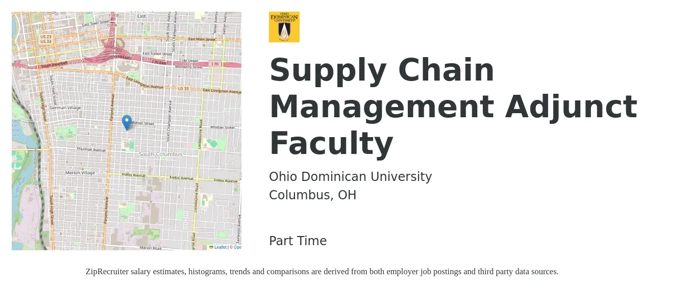 Ohio Dominican University job posting for a Supply Chain Management Adjunct Faculty in Columbus, OH with a salary of $36 to $68 Hourly with a map of Columbus location.
