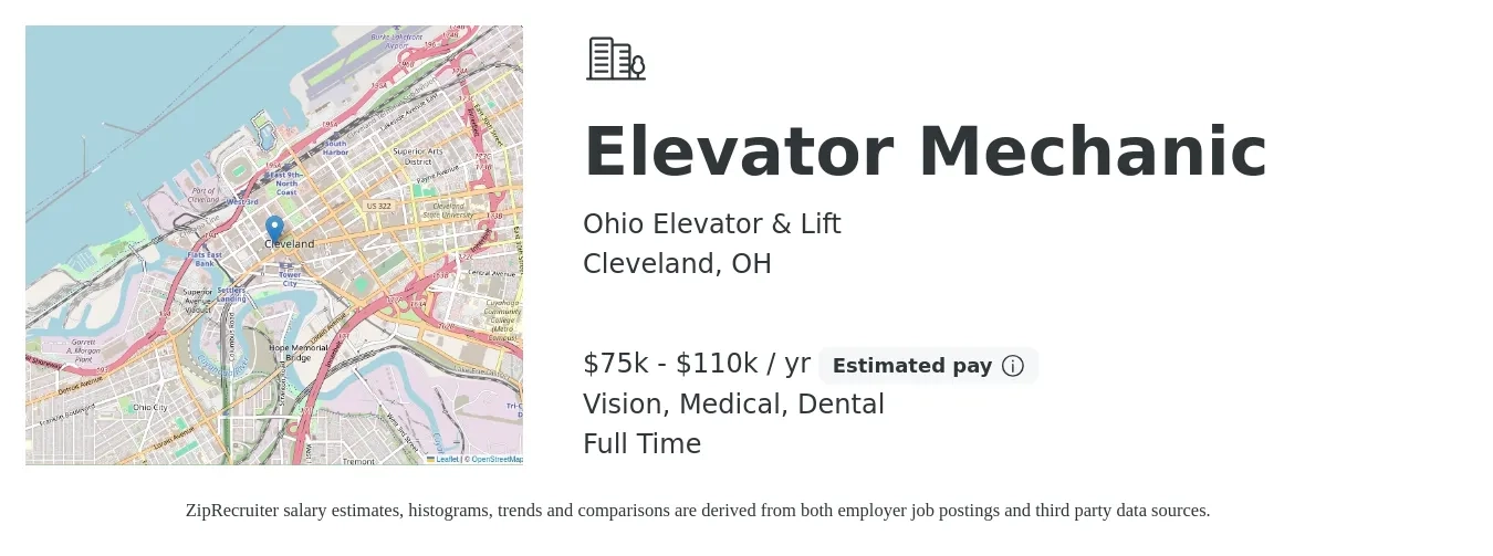 Ohio Elevator & Lift job posting for a Elevator Mechanic in Cleveland, OH with a salary of $75,000 to $110,000 Yearly and benefits including life_insurance, medical, pto, retirement, vision, and dental with a map of Cleveland location.