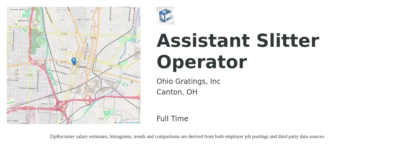 Ohio Gratings, Inc job posting for a Assistant Slitter Operator in Canton, OH with a salary of $16 to $20 Hourly with a map of Canton location.