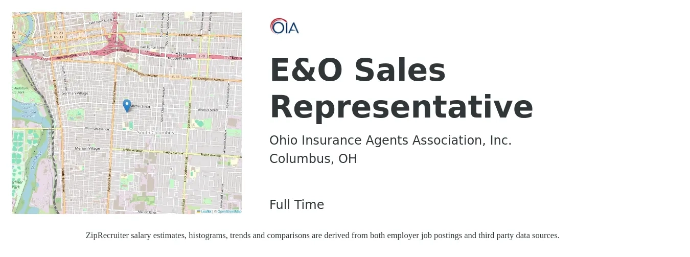 Ohio Insurance Agents Association, Inc. job posting for a E&O Sales Representative in Columbus, OH with a salary of $43,500 to $107,700 Yearly with a map of Columbus location.