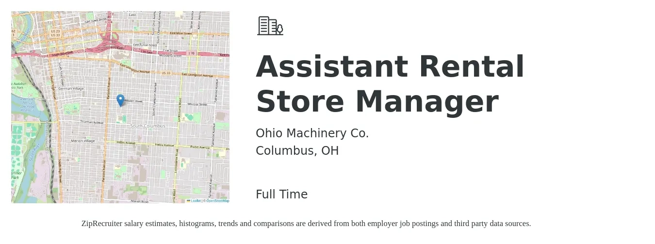 Ohio Machinery Co. job posting for a Assistant Rental Store Manager in Columbus, OH with a salary of $16 to $22 Hourly with a map of Columbus location.