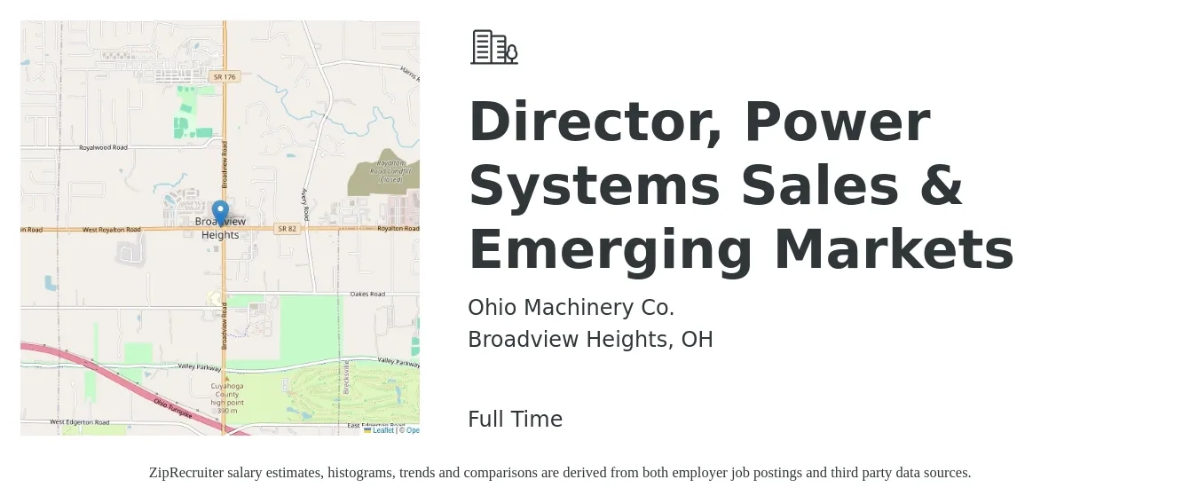 Ohio Machinery Co. job posting for a Director, Power Systems Sales & Emerging Markets in Broadview Heights, OH with a salary of $68,400 to $121,200 Yearly with a map of Broadview Heights location.