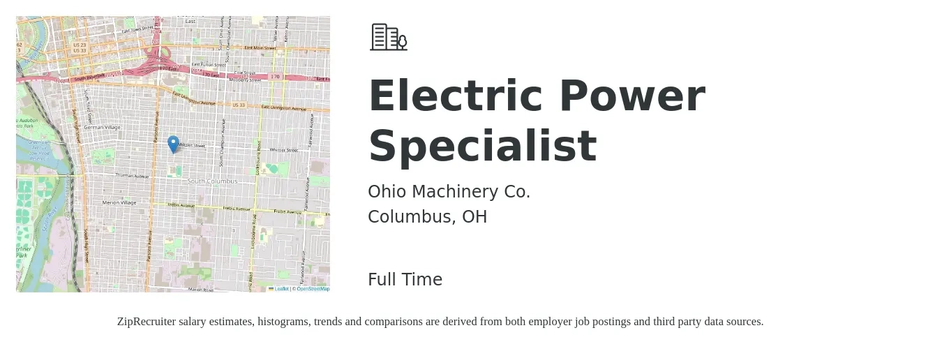 Ohio Machinery Co. job posting for a Electric Power Specialist in Columbus, OH with a salary of $19 to $35 Hourly with a map of Columbus location.