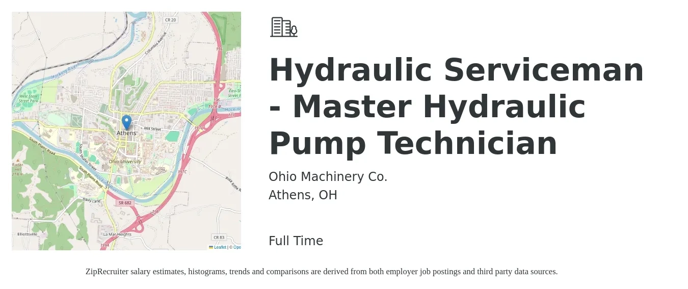 Ohio Machinery Co. job posting for a Hydraulic Serviceman - Master Hydraulic Pump Technician in Athens, OH with a salary of $20 to $28 Hourly with a map of Athens location.