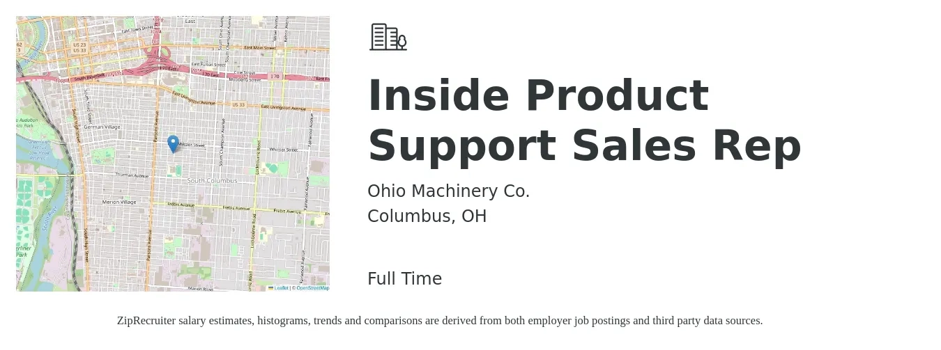 Ohio Machinery Co. job posting for a Inside Product Support Sales Rep in Columbus, OH with a salary of $38,200 to $57,000 Yearly with a map of Columbus location.