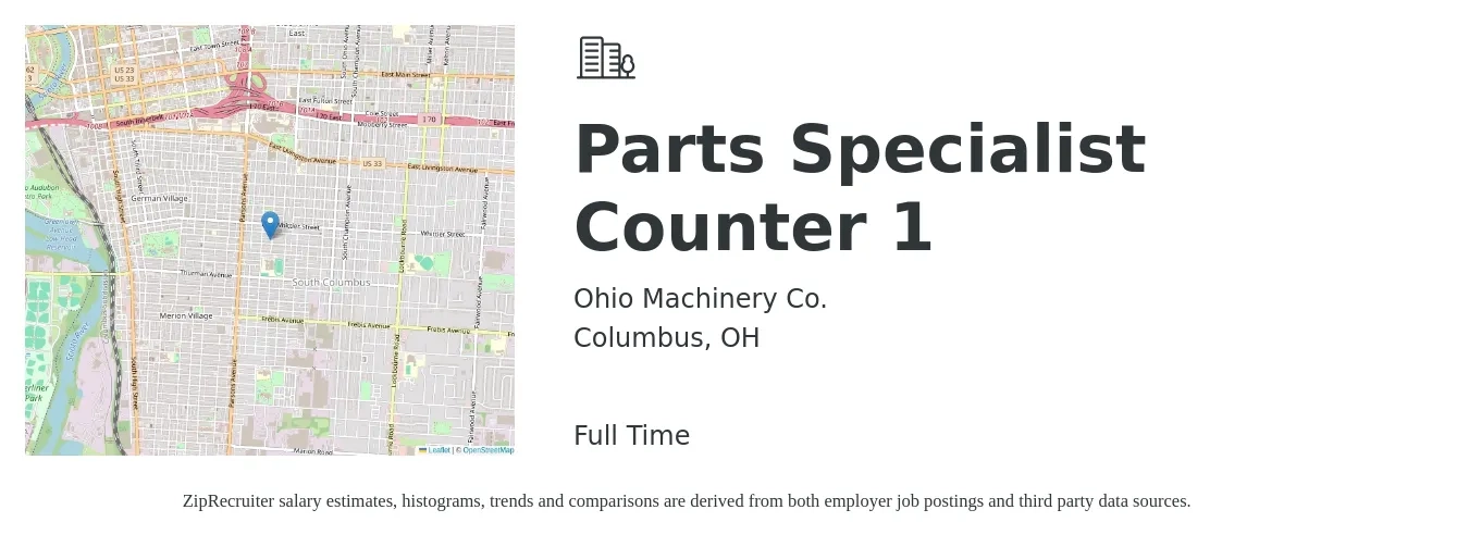 Ohio Machinery Co. job posting for a Parts Specialist Counter 1 in Columbus, OH with a salary of $18 to $23 Hourly with a map of Columbus location.
