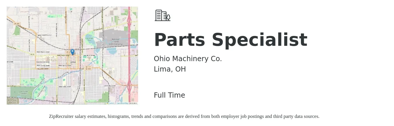 Ohio Machinery Co. job posting for a Parts Specialist in Lima, OH with a salary of $17 to $23 Hourly with a map of Lima location.