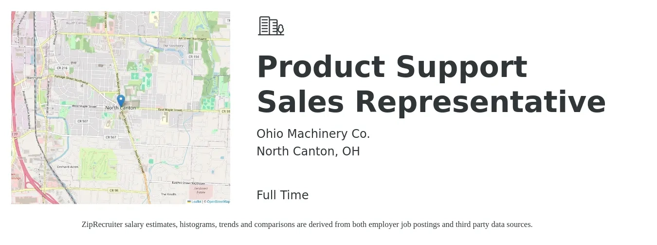 Ohio Machinery Co. job posting for a Product Support Sales Representative in North Canton, OH with a salary of $18 to $20 Hourly with a map of North Canton location.