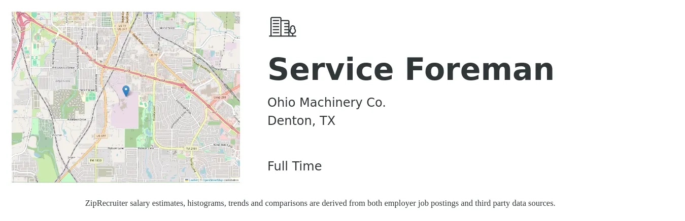 Ohio Machinery Co. job posting for a Service Foreman in Denton, TX with a salary of $26 to $35 Hourly with a map of Denton location.