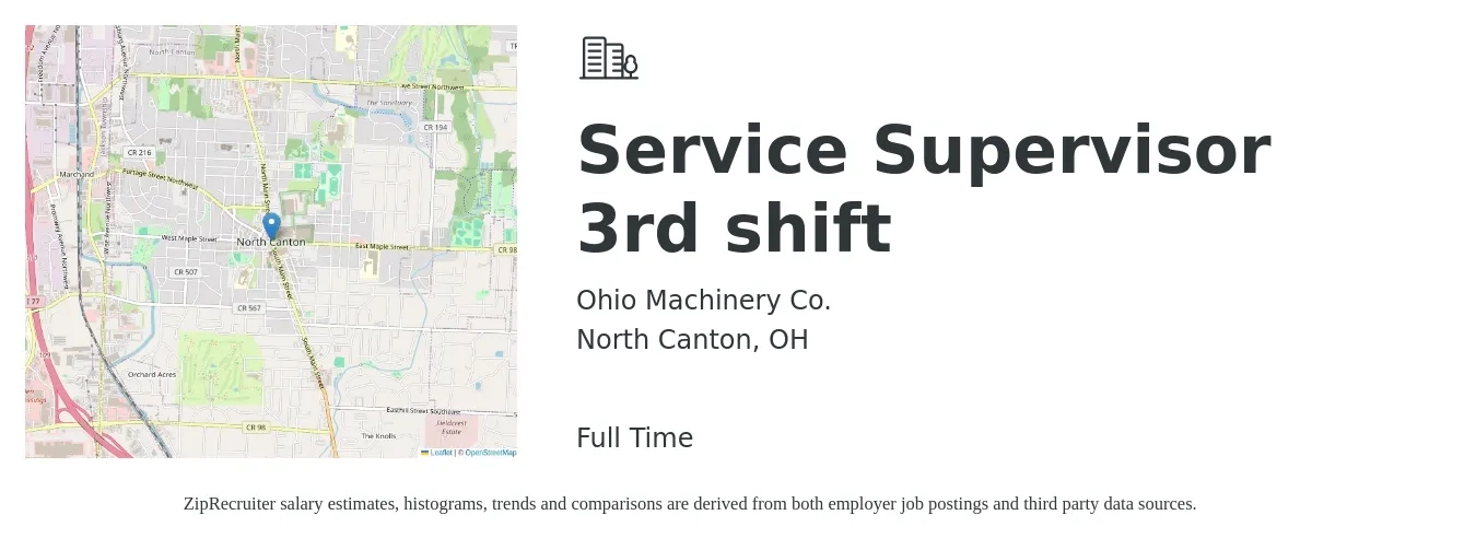 Ohio Machinery Co. job posting for a Service Supervisor 3rd shift in North Canton, OH with a salary of $15 to $29 Hourly with a map of North Canton location.