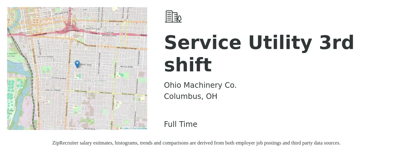 Ohio Machinery Co. job posting for a Service Utility 3rd Shift in Columbus, OH with a salary of $18 to $30 Hourly with a map of Columbus location.
