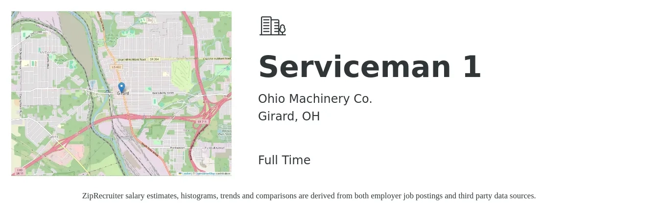 Ohio Machinery Co. job posting for a Serviceman 1 in Girard, OH with a salary of $16 to $24 Hourly with a map of Girard location.