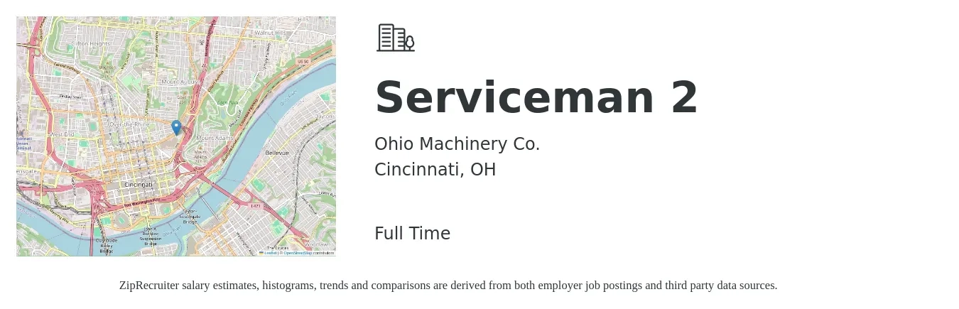 Ohio Machinery Co. job posting for a Serviceman 2 in Cincinnati, OH with a salary of $24 to $32 Hourly with a map of Cincinnati location.