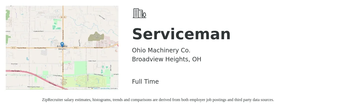 Ohio Machinery Co. job posting for a Serviceman in Broadview Heights, OH with a salary of $24 to $33 Hourly with a map of Broadview Heights location.
