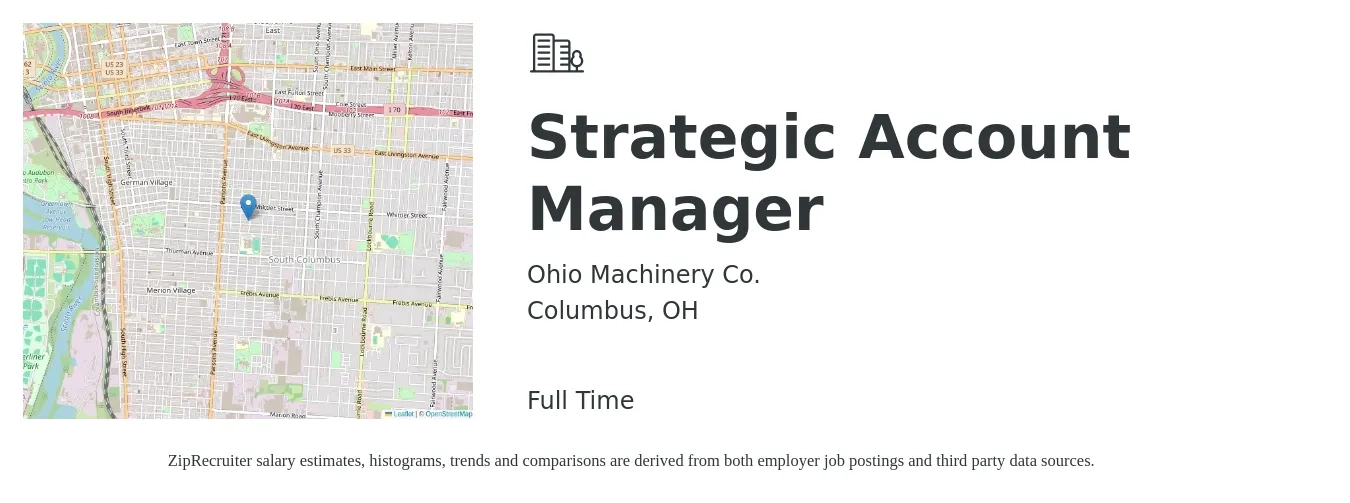 Ohio Machinery Co. job posting for a Strategic Account Manager in Columbus, OH with a salary of $64,700 to $103,800 Yearly with a map of Columbus location.