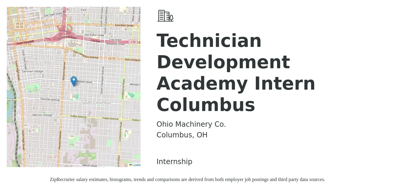 Ohio Machinery Co. job posting for a Technician Development Academy Intern Columbus in Columbus, OH with a salary of $25 Hourly with a map of Columbus location.