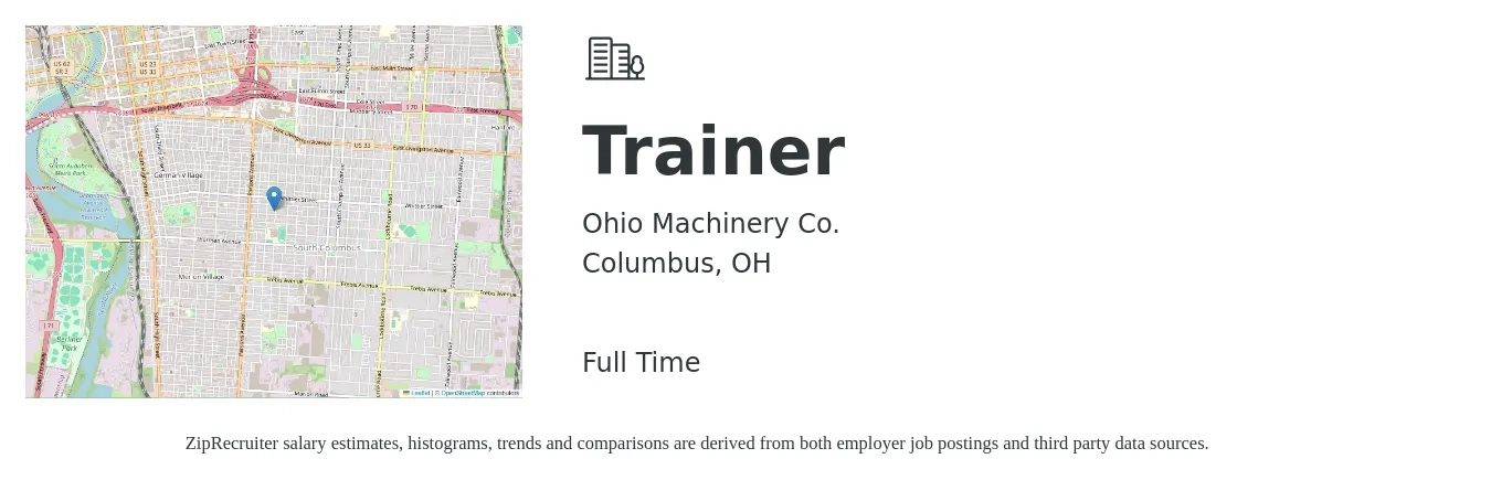 Ohio Machinery Co. job posting for a Trainer in Columbus, OH with a salary of $32 to $42 Hourly with a map of Columbus location.