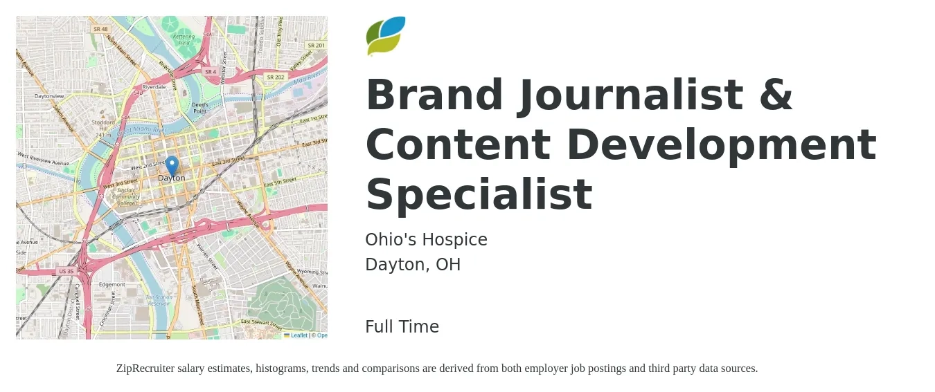 Ohio's Hospice job posting for a Brand Journalist & Content Development Specialist in Dayton, OH with a salary of $22 to $36 Hourly with a map of Dayton location.