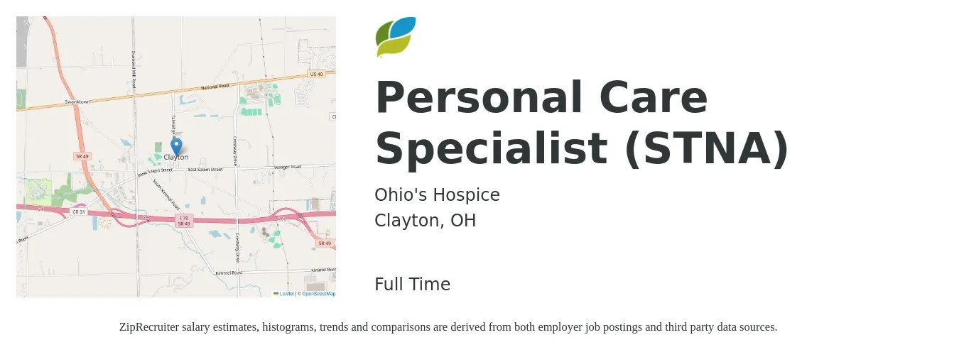 Ohio's Hospice job posting for a Personal Care Specialist (STNA) in Clayton, OH with a salary of $10 to $14 Hourly with a map of Clayton location.