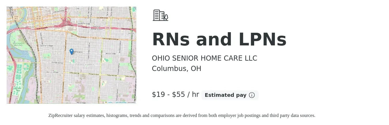 OHIO SENIOR HOME CARE LLC job posting for a RNs and LPNs in Columbus, OH with a salary of $20 to $58 Hourly with a map of Columbus location.