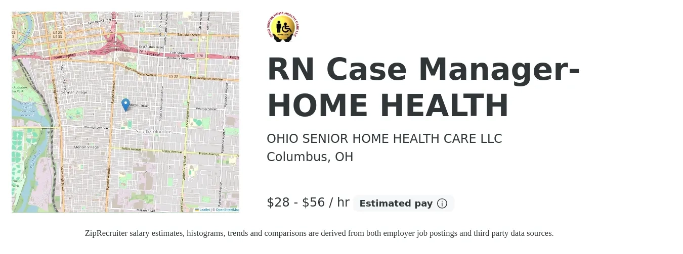 OHIO SENIOR HOME HEALTH CARE LLC job posting for a RN Case Manager- HOME HEALTH in Columbus, OH with a salary of $30 to $59 Hourly with a map of Columbus location.