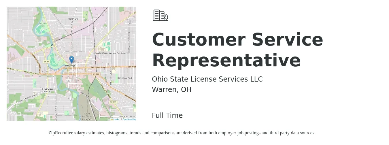 Ohio State License Services LLC job posting for a Customer Service Representative in Warren, OH with a salary of $14 to $19 Hourly with a map of Warren location.