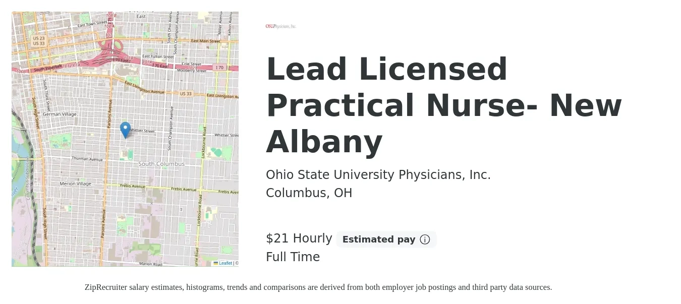 Ohio State University Physicians, Inc. job posting for a Lead Licensed Practical Nurse- New Albany in Columbus, OH with a salary of $23 Hourly with a map of Columbus location.