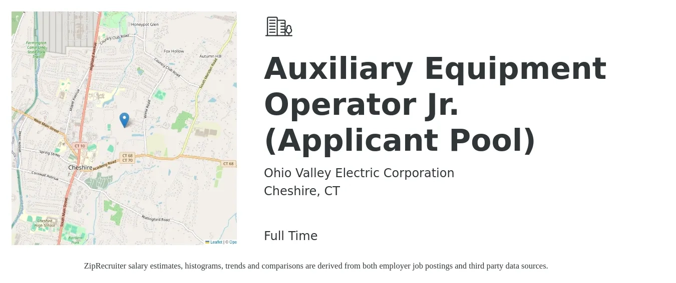 Ohio Valley Electric Corporation job posting for a Auxiliary Equipment Operator Jr. (Applicant Pool) in Cheshire, CT with a salary of $18 to $24 Hourly with a map of Cheshire location.