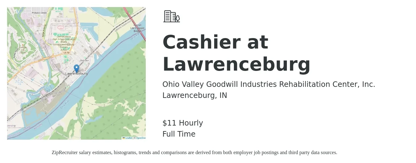 Ohio Valley Goodwill Industries Rehabilitation Center, Inc. job posting for a Cashier at Lawrenceburg in Lawrenceburg, IN with a salary of $12 Hourly with a map of Lawrenceburg location.