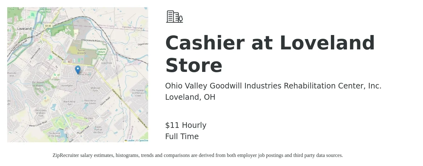 Ohio Valley Goodwill Industries Rehabilitation Center, Inc. job posting for a Cashier at Loveland Store in Loveland, OH with a salary of $12 Hourly with a map of Loveland location.