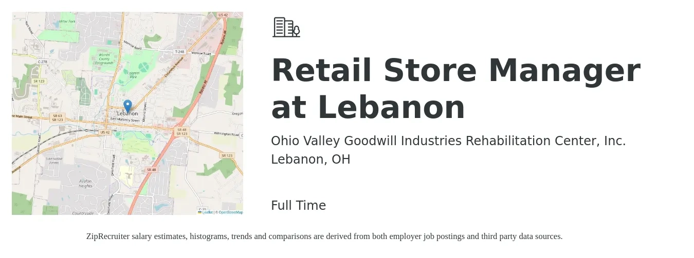 Ohio Valley Goodwill Industries Rehabilitation Center, Inc. job posting for a Retail Store Manager at Lebanon in Lebanon, OH with a salary of $16 to $25 Hourly with a map of Lebanon location.