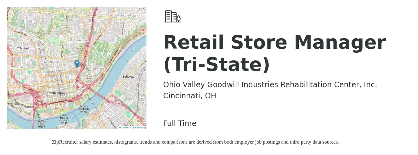 Ohio Valley Goodwill Industries Rehabilitation Center, Inc. job posting for a Retail Store Manager (Tri-State) in Cincinnati, OH with a salary of $17 to $27 Hourly with a map of Cincinnati location.