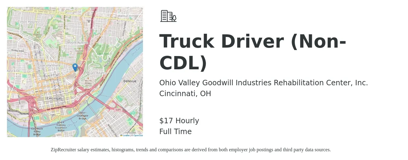 Ohio Valley Goodwill Industries Rehabilitation Center, Inc. job posting for a Truck Driver (Non-CDL) in Cincinnati, OH with a salary of $18 Hourly with a map of Cincinnati location.